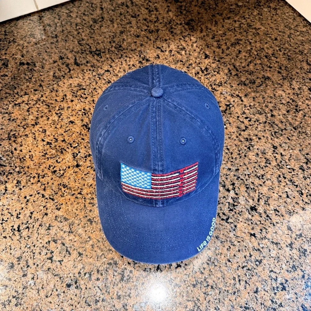 Life is Good Baseball Cap Dad Hat Adjustable Navy Blue American Flag Anchors